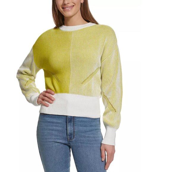 Womens DKNY Jeans Crewneck Transfer Ribbed Sweater Size L XL 1X  2X Citron NWT - Picture 1 of 4